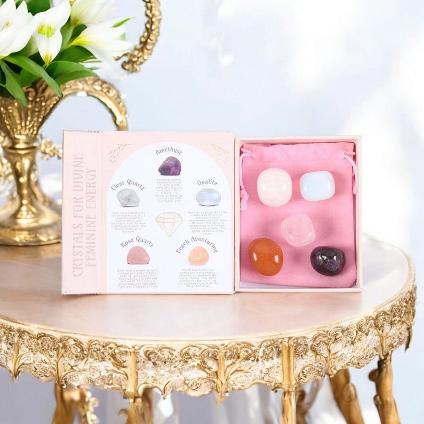 Crystals for Divine Feminine Energy – 5-Piece Crystal Set with Velvet Pouch