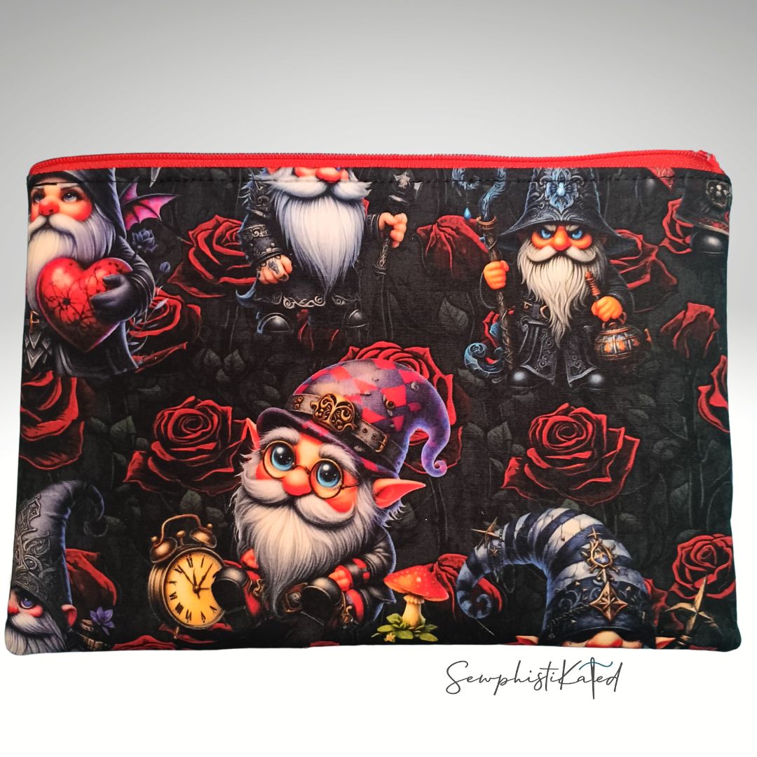 Dark Goth Gnomes & Skulls Zipper Pouch | Handmade Cotton Bag