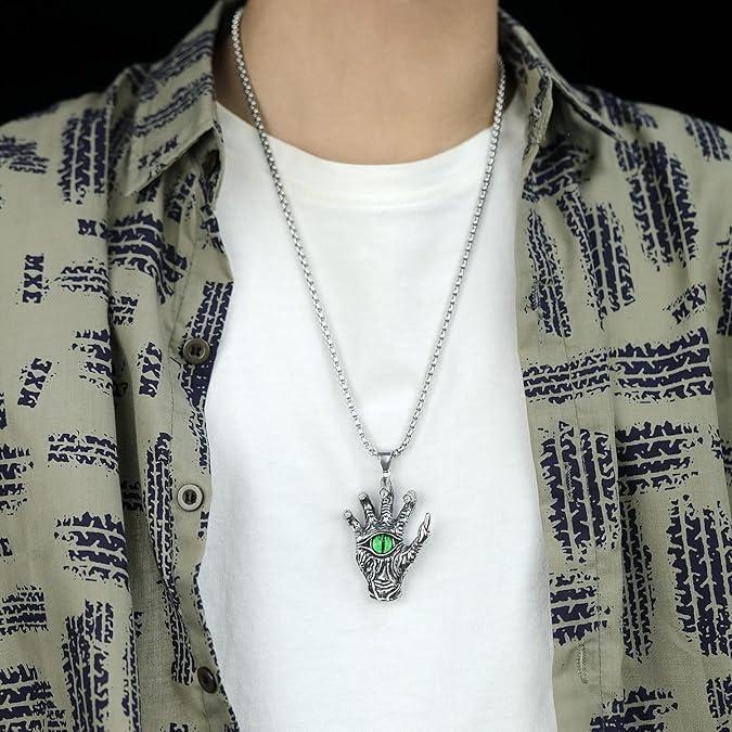 Demon Claw with Green Dragon Eye Pendant Necklace – Heavy Titanium Steel Chain