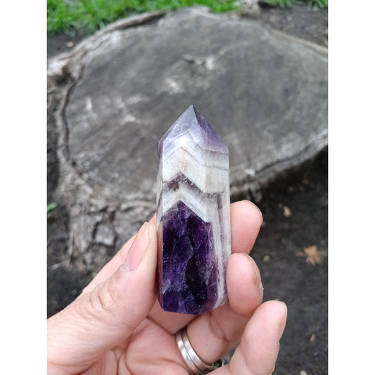Dream Amethyst Tower with Clear Quartz Band – Healing Crystal for Intuition & Clarity