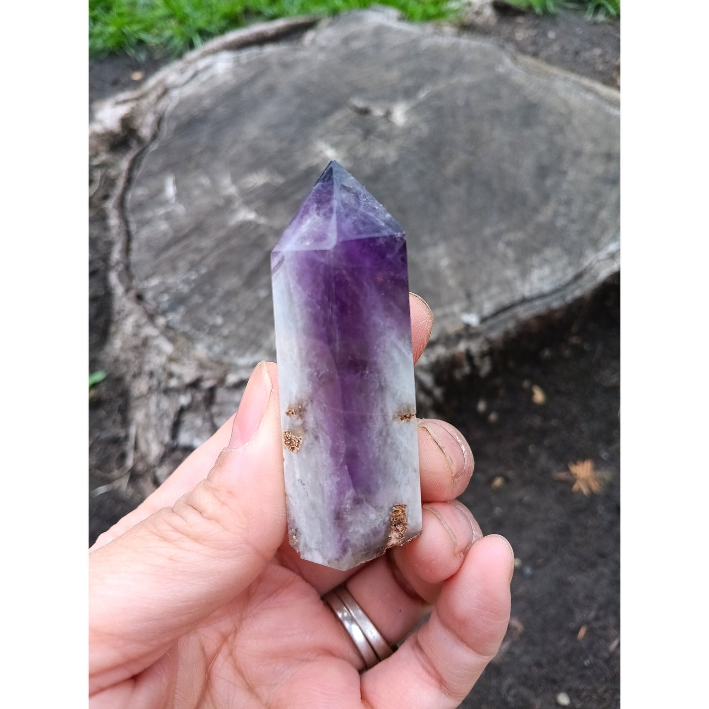 Dream Amethyst Tower with Clear Quartz Band – Healing Crystal for Intuition & Clarity
