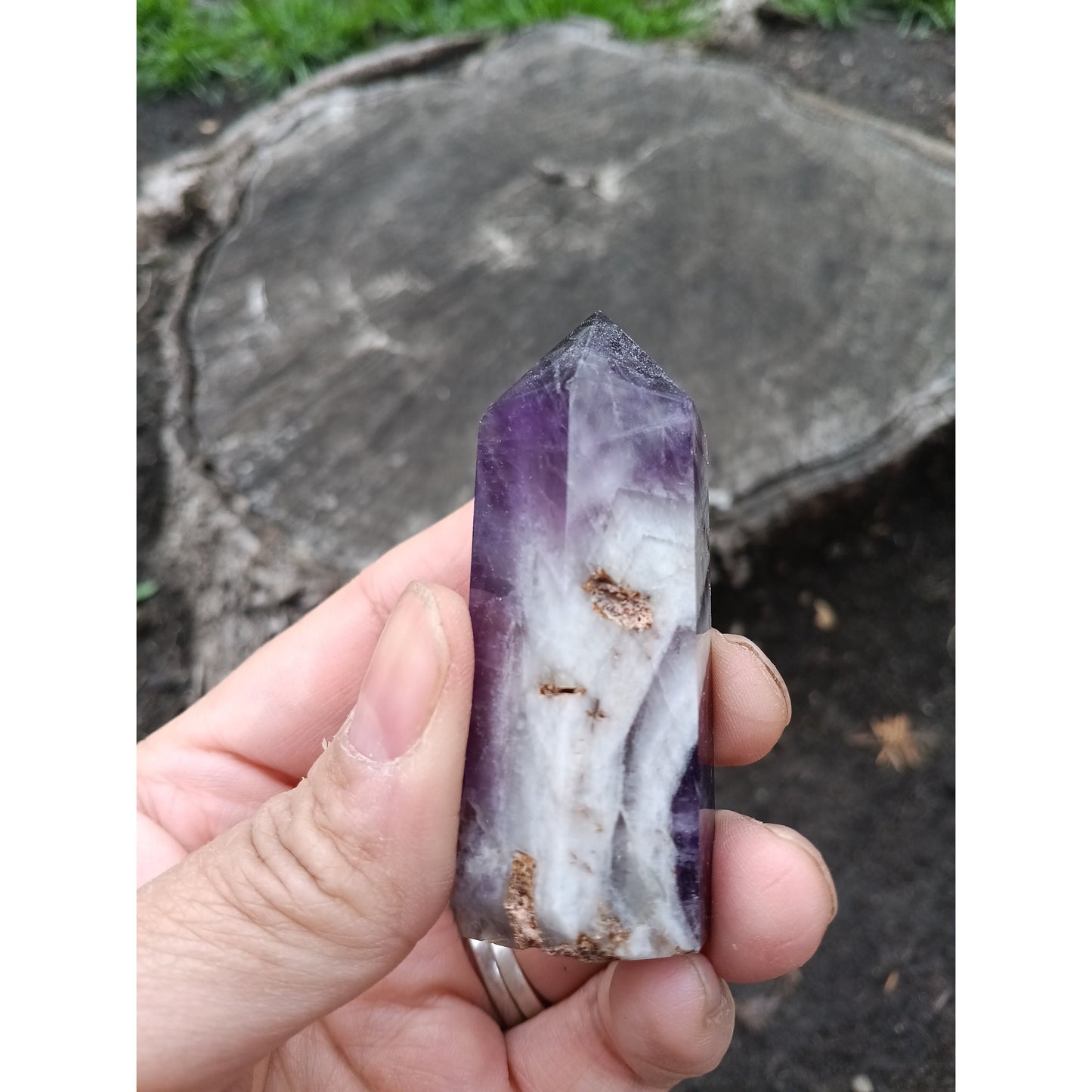 Dream Amethyst Tower with Clear Quartz Band – Healing Crystal for Intuition & Clarity