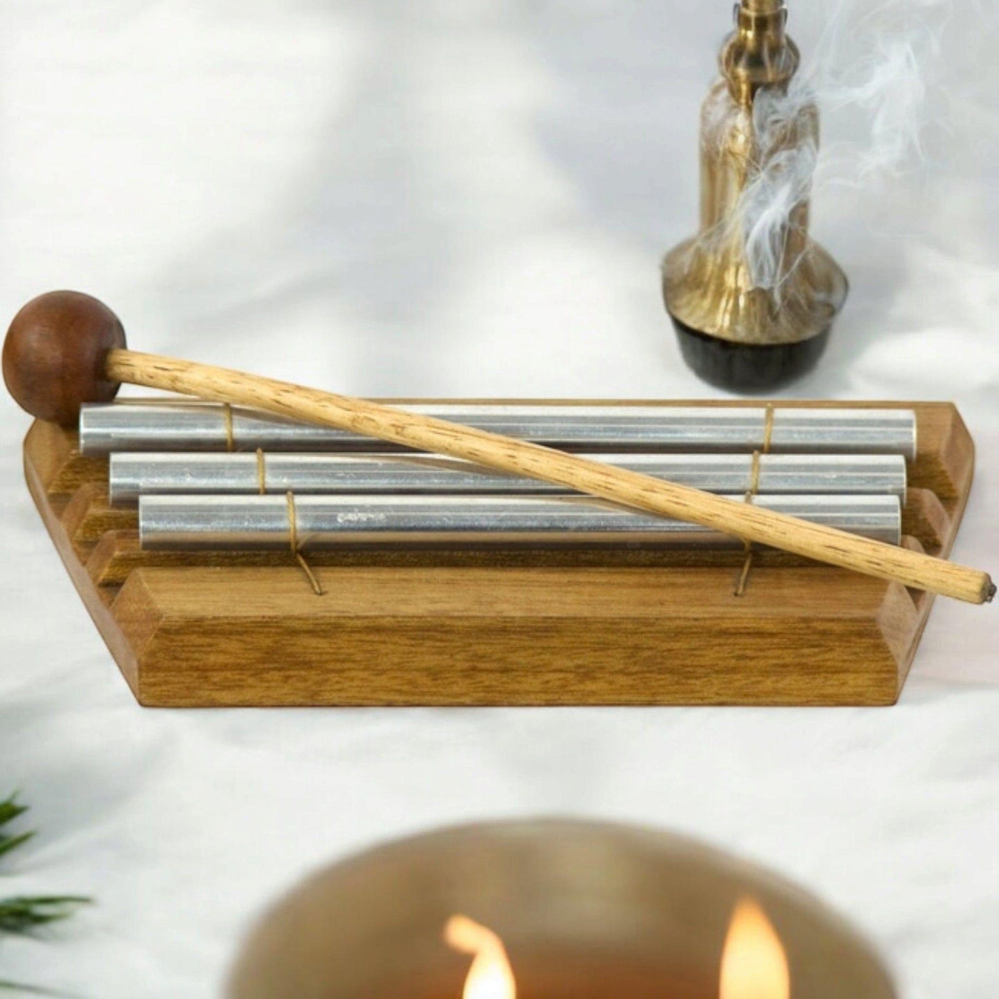 3-Tube Energy Tuning Chime – Sound Healing Tool with Wooden Base & Mallet