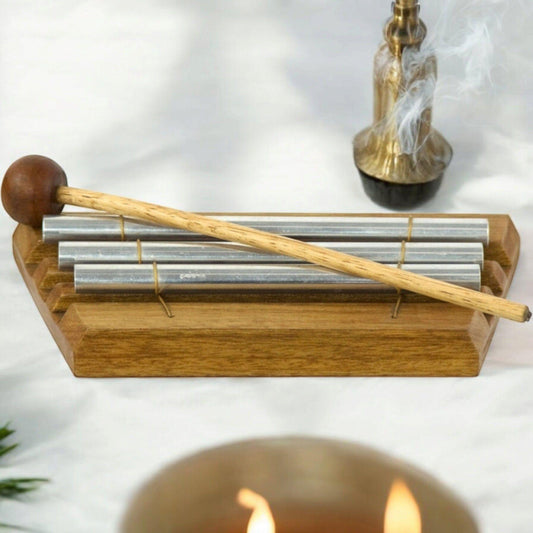 3-Tube Energy Tuning Chime – Sound Healing Tool with Wooden Base & Mallet