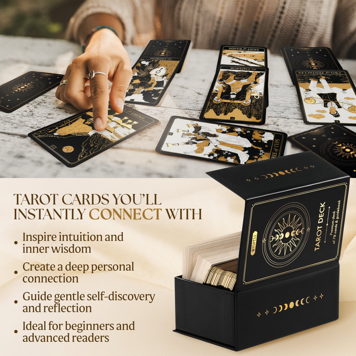 Gold Tarot Deck with Guidebook – Black & Gold 78 Card Tarot Set