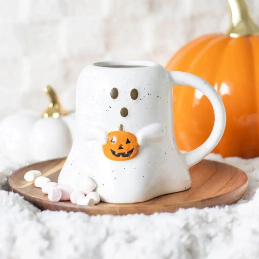 Ghost with Pumpkin Halloween Mug – 15 oz Speckled Ceramic