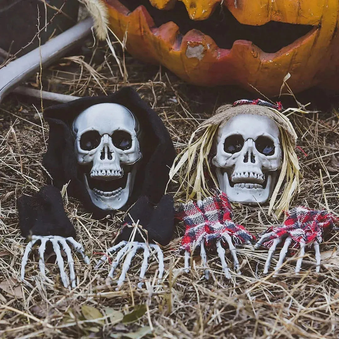 Creepy Skeleton Ground Stakes Decoration – 2 Skulls with Poseable Hands