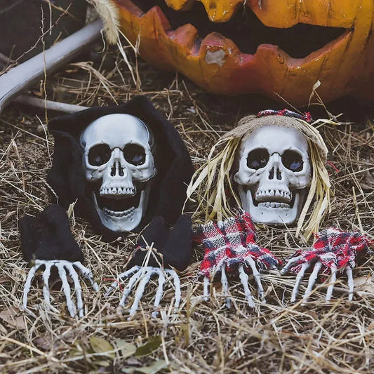 Creepy Skeleton Ground Stakes Decoration – 2 Skulls with Poseable Hands