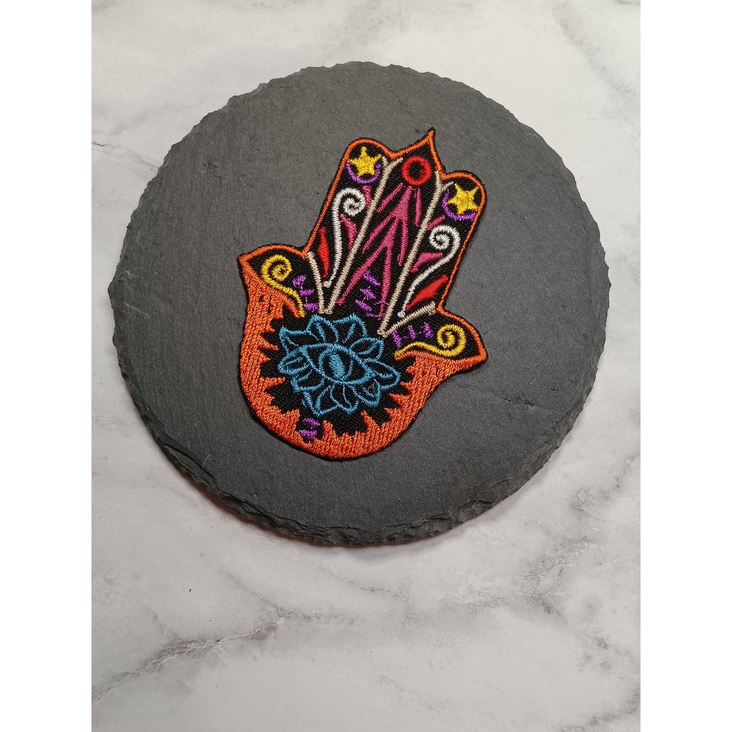 Embroidered Hamsa Hand Iron-On Patch – Blue Lotus & Evil Eye Symbol