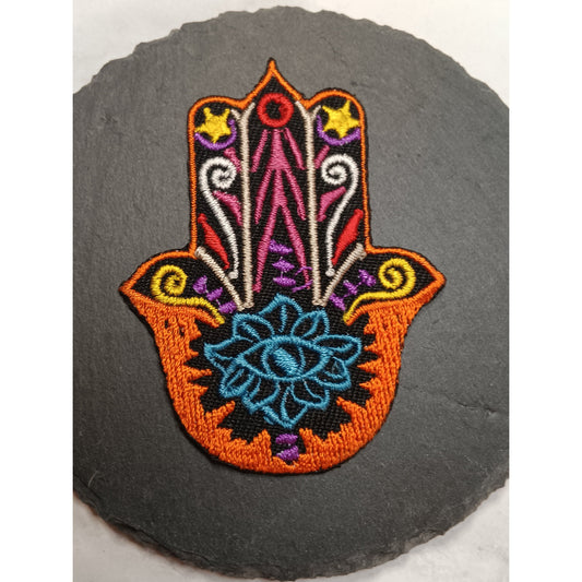 Embroidered Hamsa Hand Iron-On Patch – Blue Lotus & Evil Eye Symbol