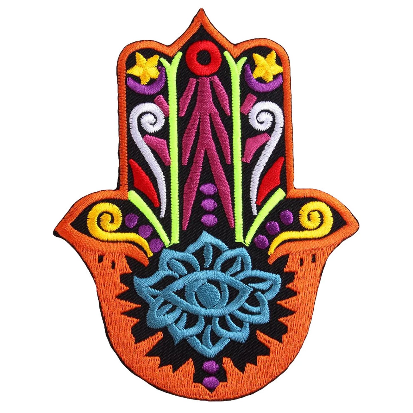 Embroidered Hamsa Hand Iron-On Patch – Blue Lotus & Evil Eye Symbol