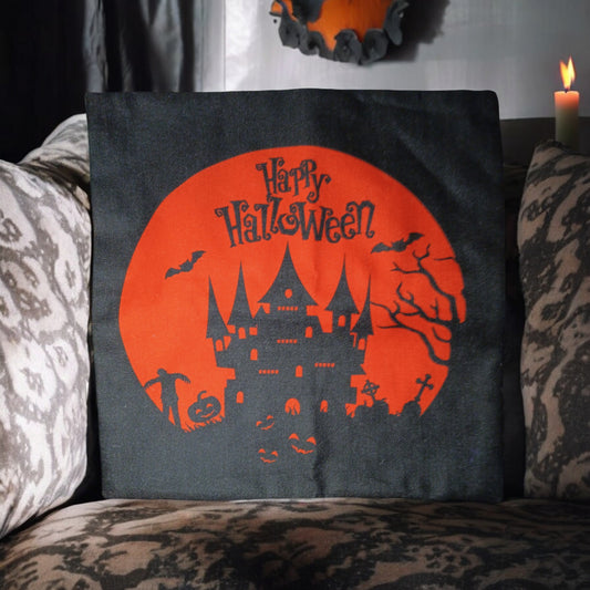 Happy Halloween Throw Pillow Cover – Haunted House Halloween Decor, 17"x17"