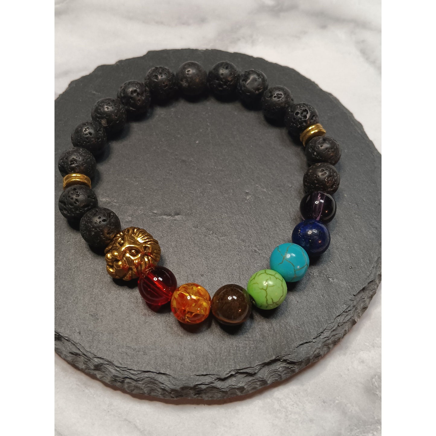 Lava & Glass Beads Chakra Bracelet with Gold-Tone Lion Charm – 8mm Stretch Aromatherapy
