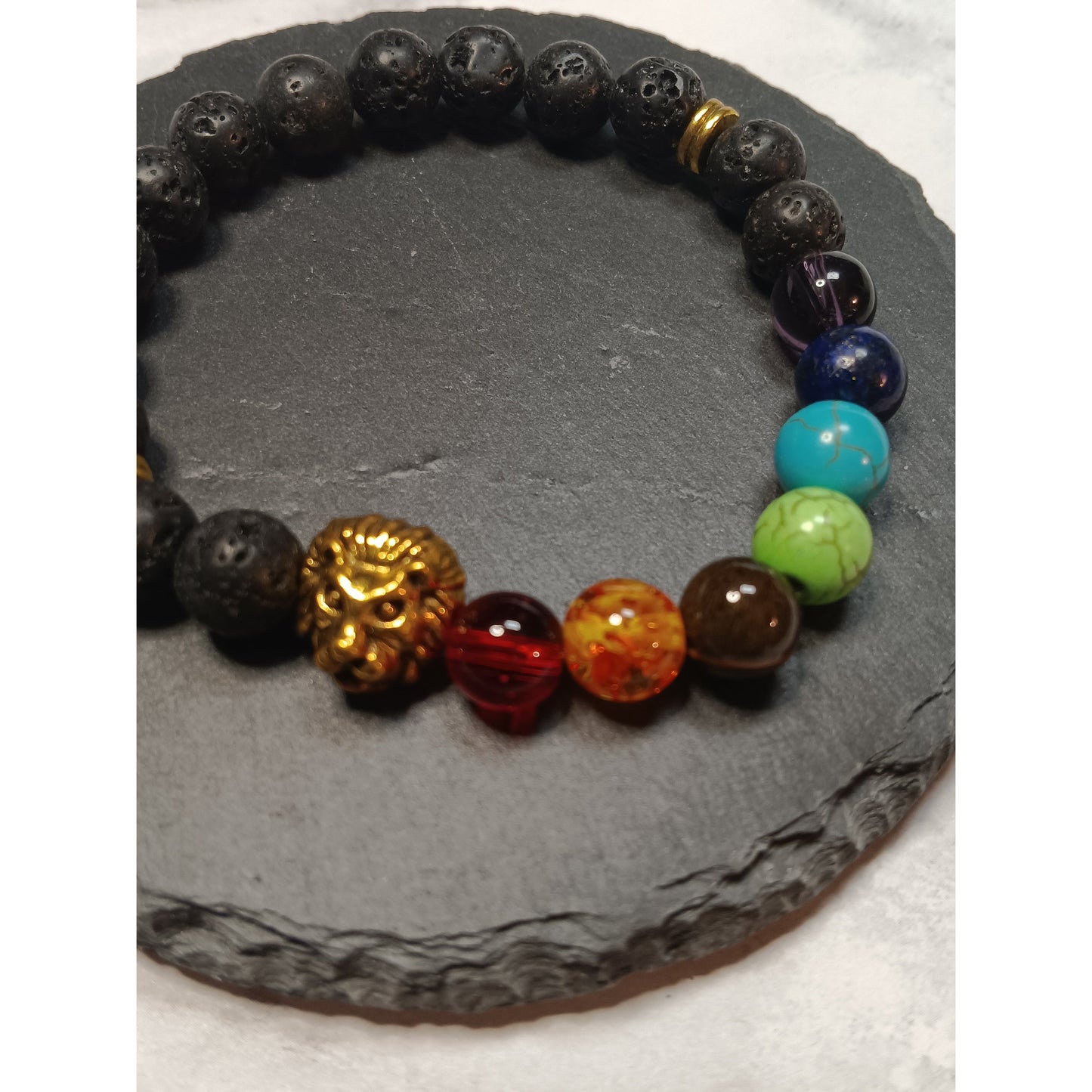 Lava & Glass Beads Chakra Bracelet with Gold-Tone Lion Charm – 8mm Stretch Aromatherapy