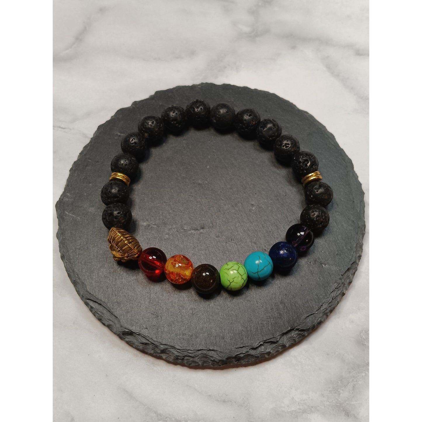 Lava & Glass Beads Chakra Bracelet with Gold-Tone Lion Charm – 8mm Stretch Aromatherapy