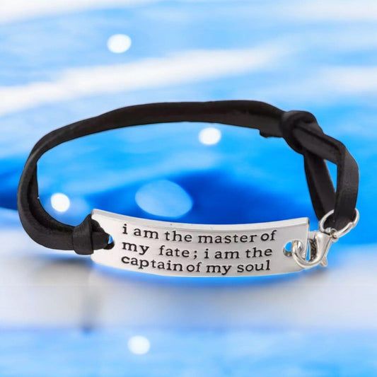 I Am the Master & Captain Inspirational Bracelet – Adjustable Faux Leather, Plated Bar with Engraved Quote