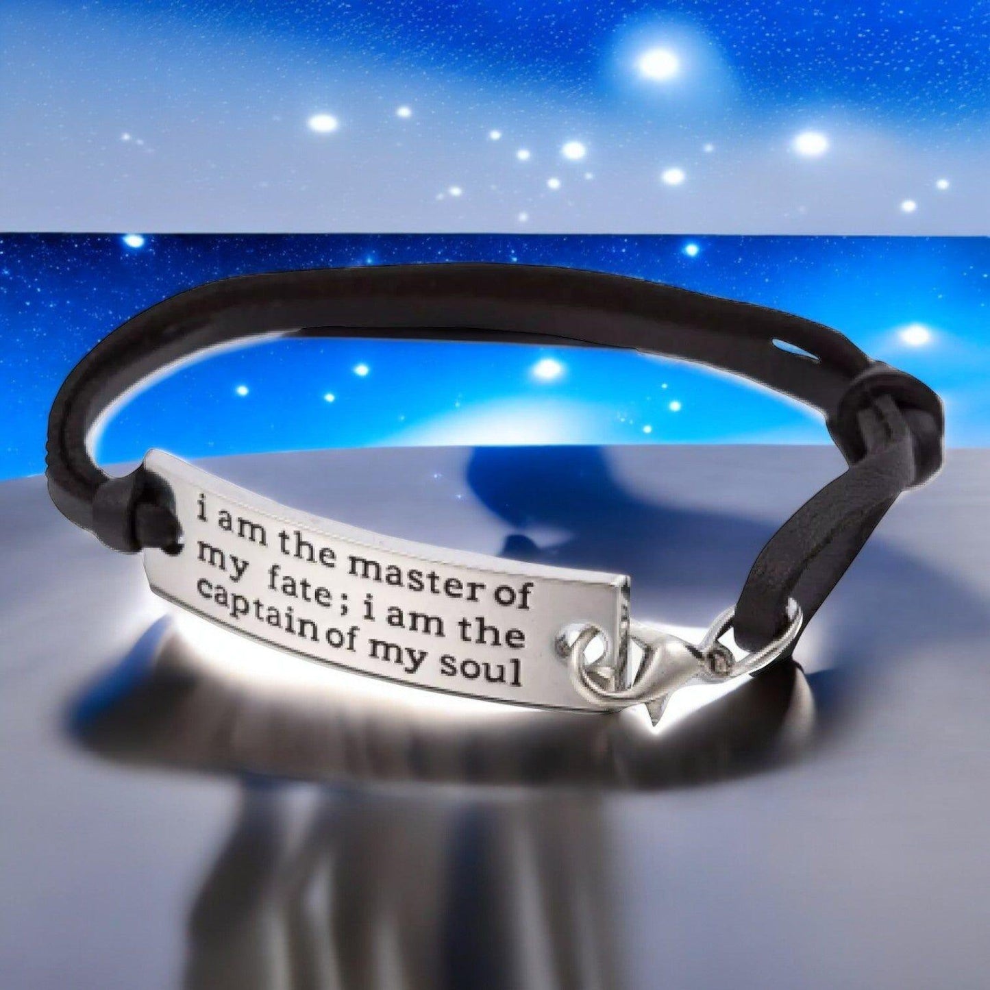 I Am the Master & Captain Inspirational Bracelet – Adjustable Faux Leather, Plated Bar with Engraved Quote