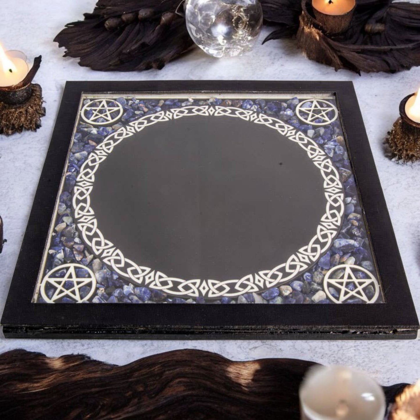 Pentacle Glass Scrying Mirror with Sodalite Chips – 6” Black Circular