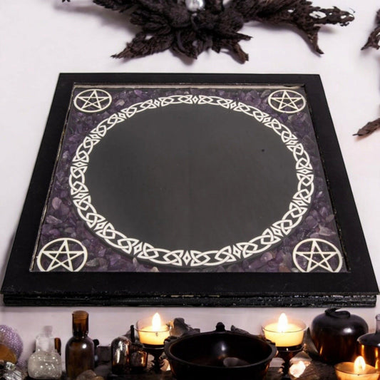 Pentacle Glass Scrying Mirror with Amethyst Crystal Chips – 6" Divination Tool