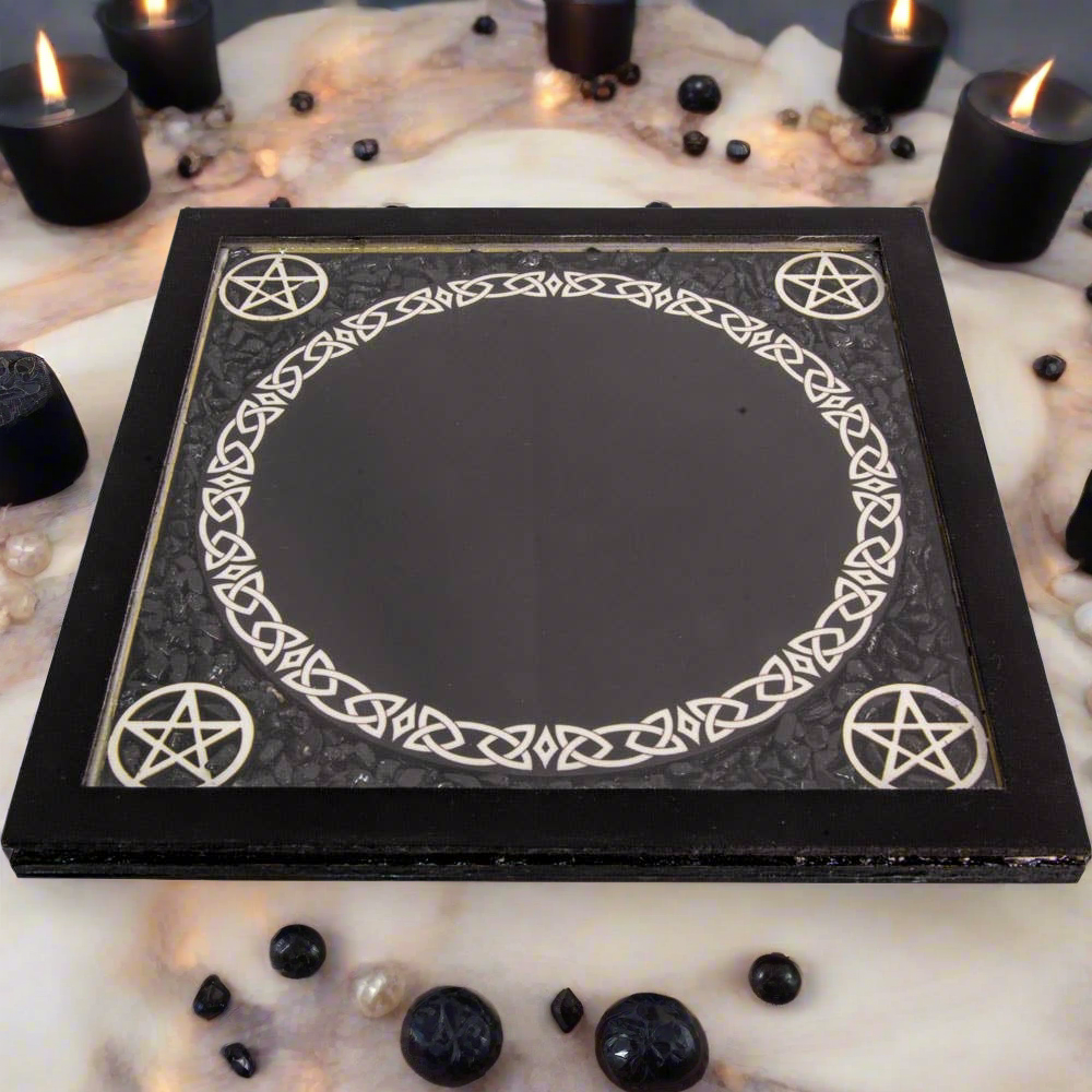 Pentacle Glass Scrying Mirror with Black Tourmaline Chips – 6" Diameter
