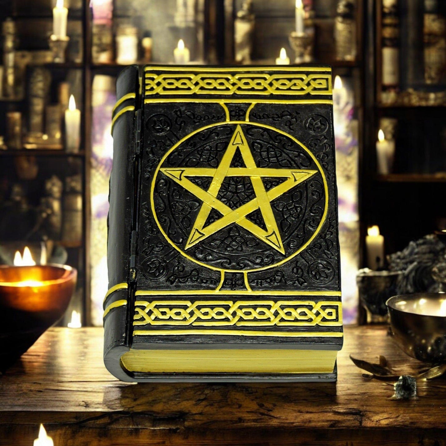 Pentacle Book Decorative Box – Resin Hinged Storage for Crystals, Cards & More