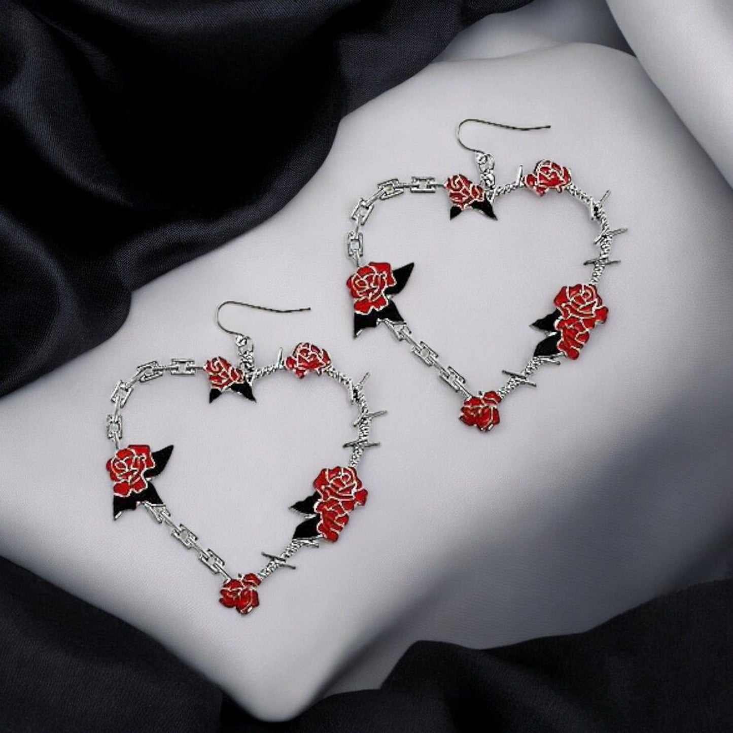 Rose Thorn Heart Earrings – Gothic Statement Jewelry with Red Roses