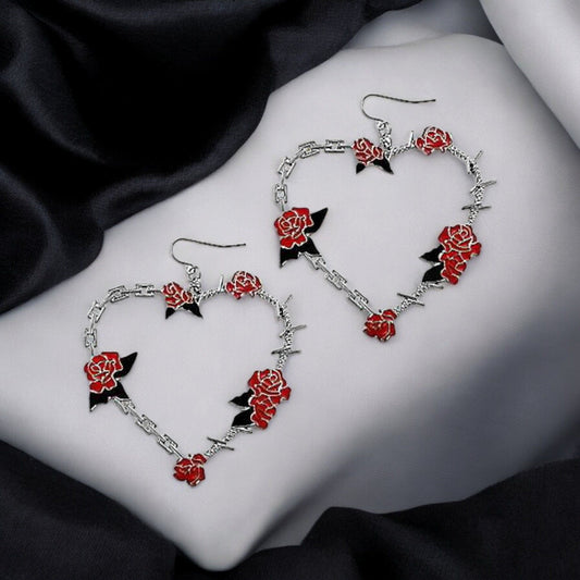Rose Thorn Heart Earrings – Gothic Statement Jewelry with Red Roses