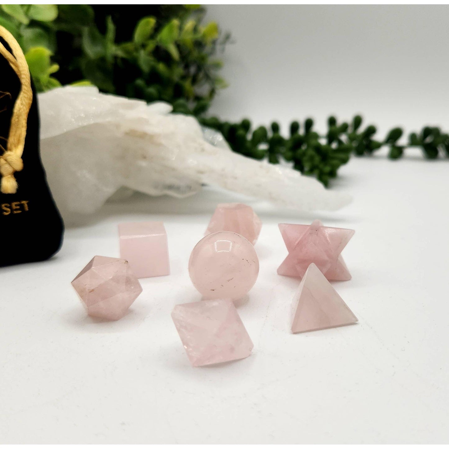 Rose Quartz Sacred Geometry Crystal Set – 7-Piece Platonic Solids + Grid