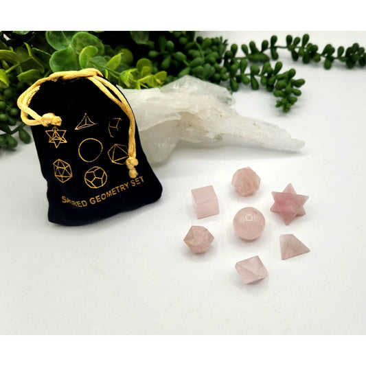 Rose Quartz Sacred Geometry Crystal Set – 7-Piece Platonic Solids + Grid