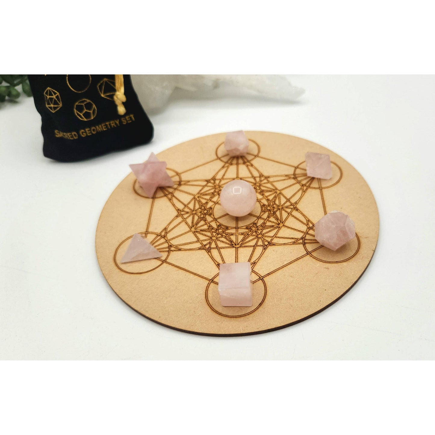 Rose Quartz Sacred Geometry Crystal Set – 7-Piece Platonic Solids + Grid