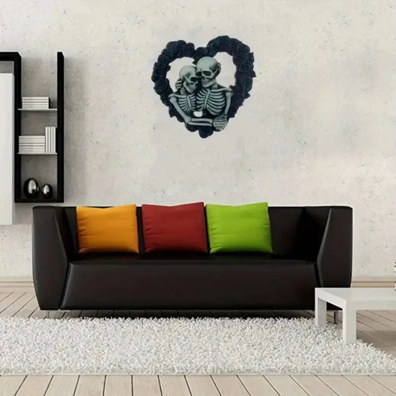 Skeleton Couple Heart-Shaped Wall Hanging – Gothic Love Decor with Black Roses