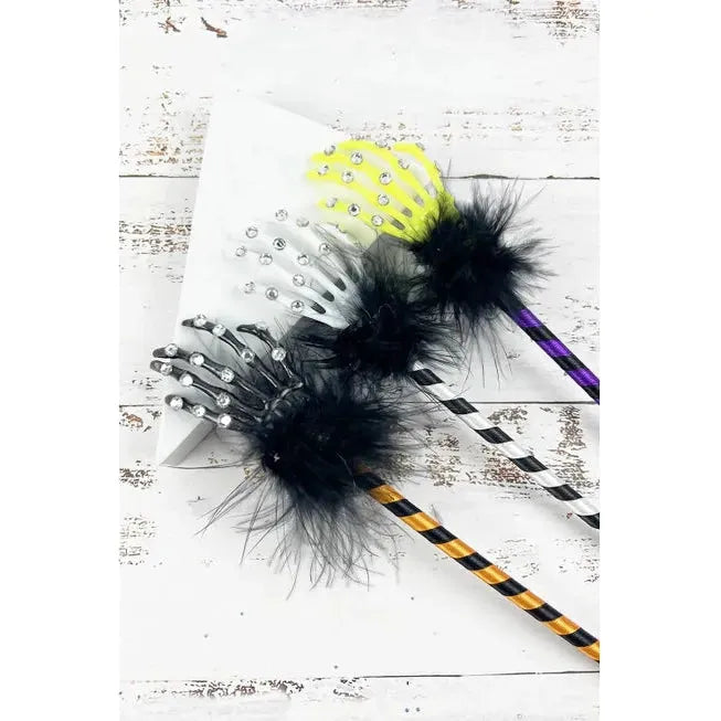 Glam Skeleton Hand Pen – Sparkly Bling & Feather Boa, Random Color