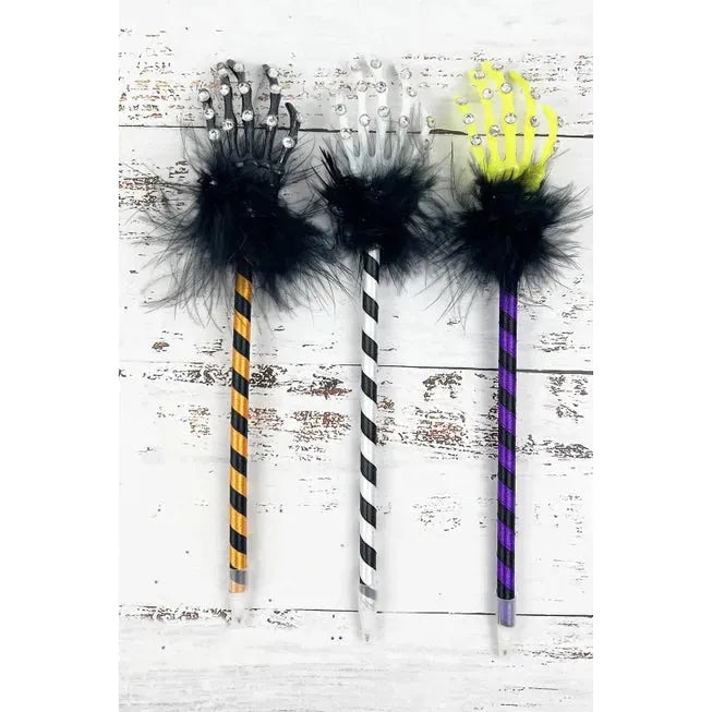 Glam Skeleton Hand Pen – Sparkly Bling & Feather Boa, Random Color