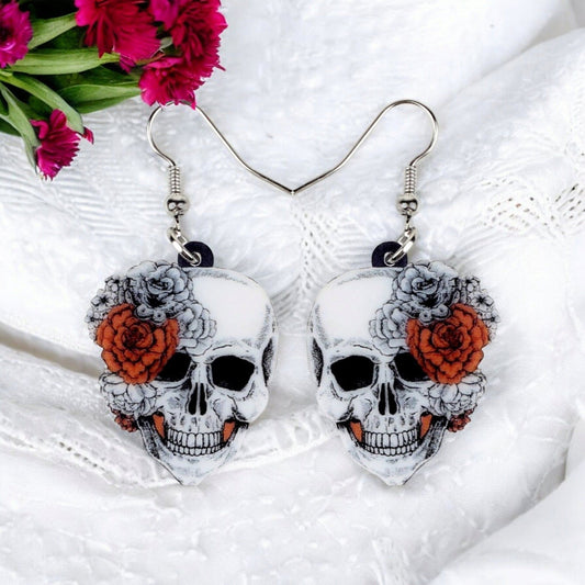 Skull & Flower Fishhook Earrings – Gothic Red Rose Statement Jewelry