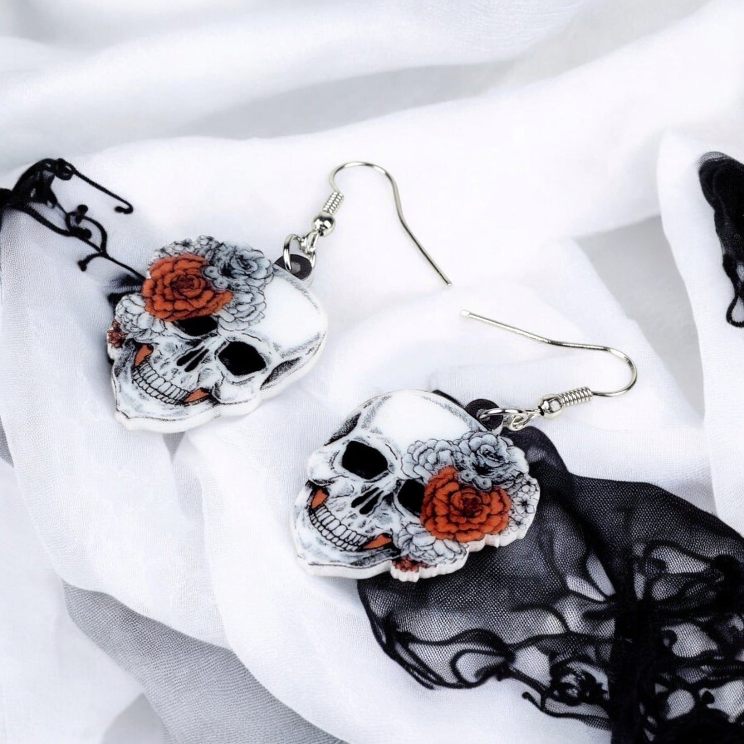Skull & Flower Fishhook Earrings – Gothic Red Rose Statement Jewelry