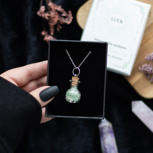 Luck Green Aventurine Potion Bottle Necklace – Crystal Witch Jewelry for Luck & Prosperity