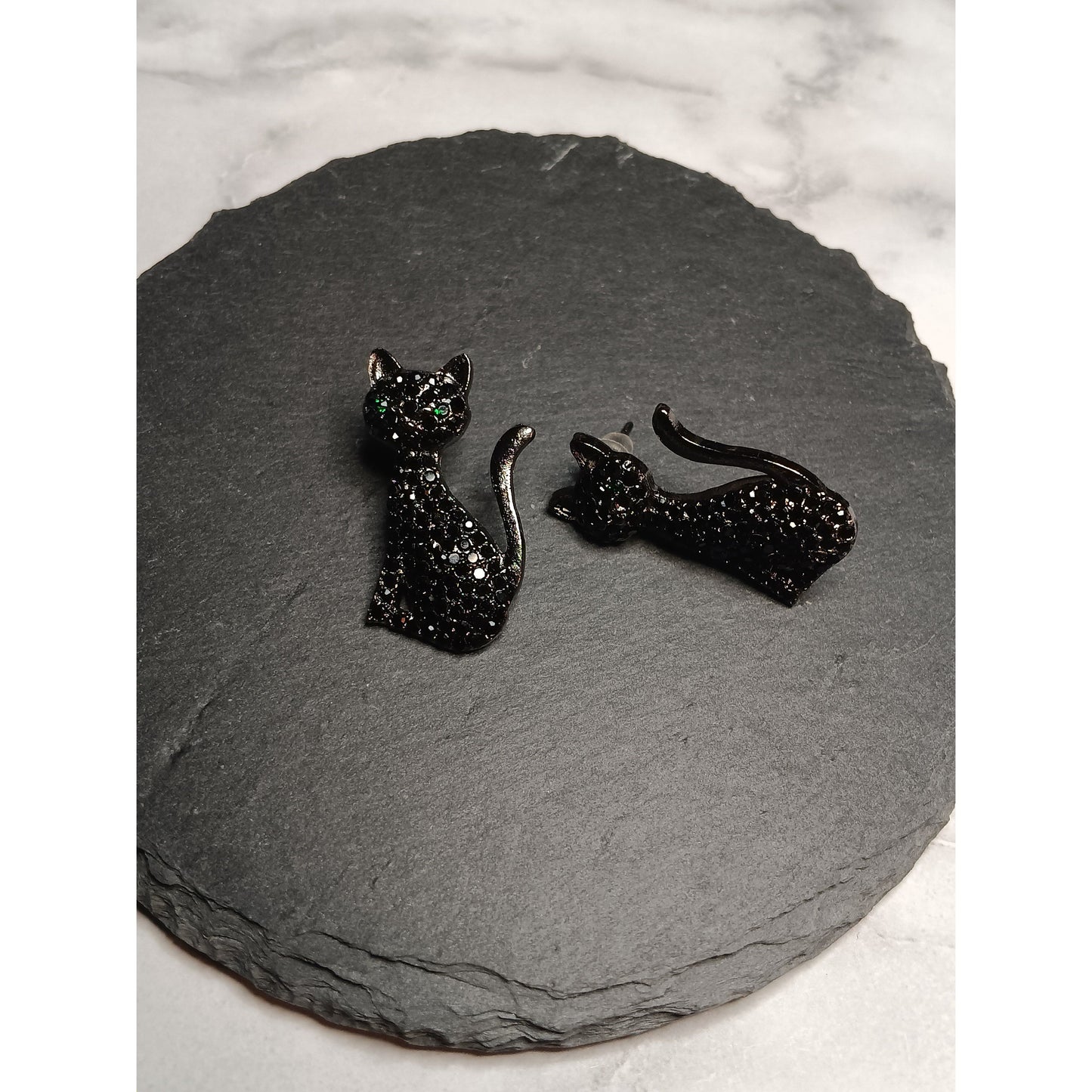 Studded Black Cat Earrings – Green Gem Eyes, Post Back