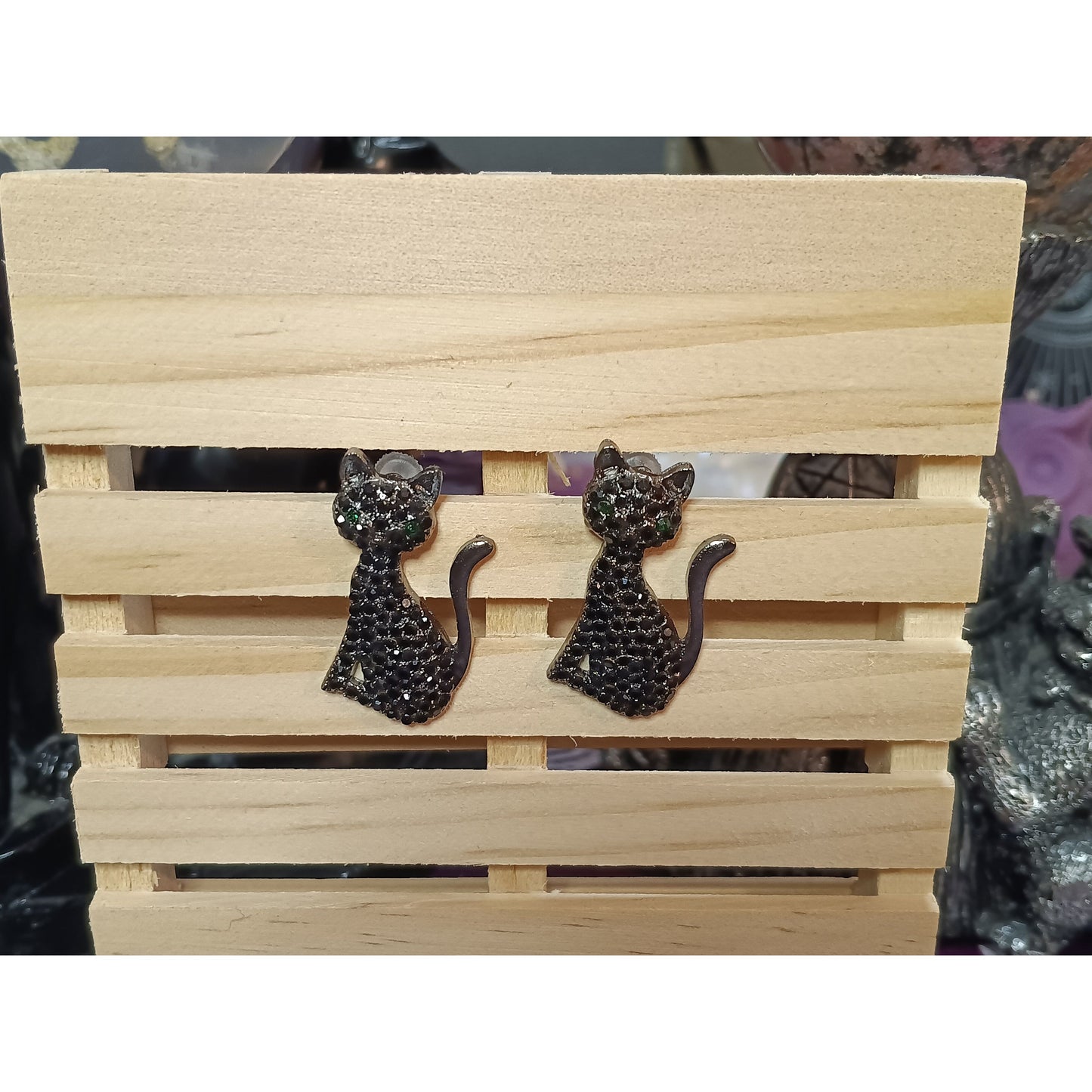 Studded Black Cat Earrings – Green Gem Eyes, Post Back