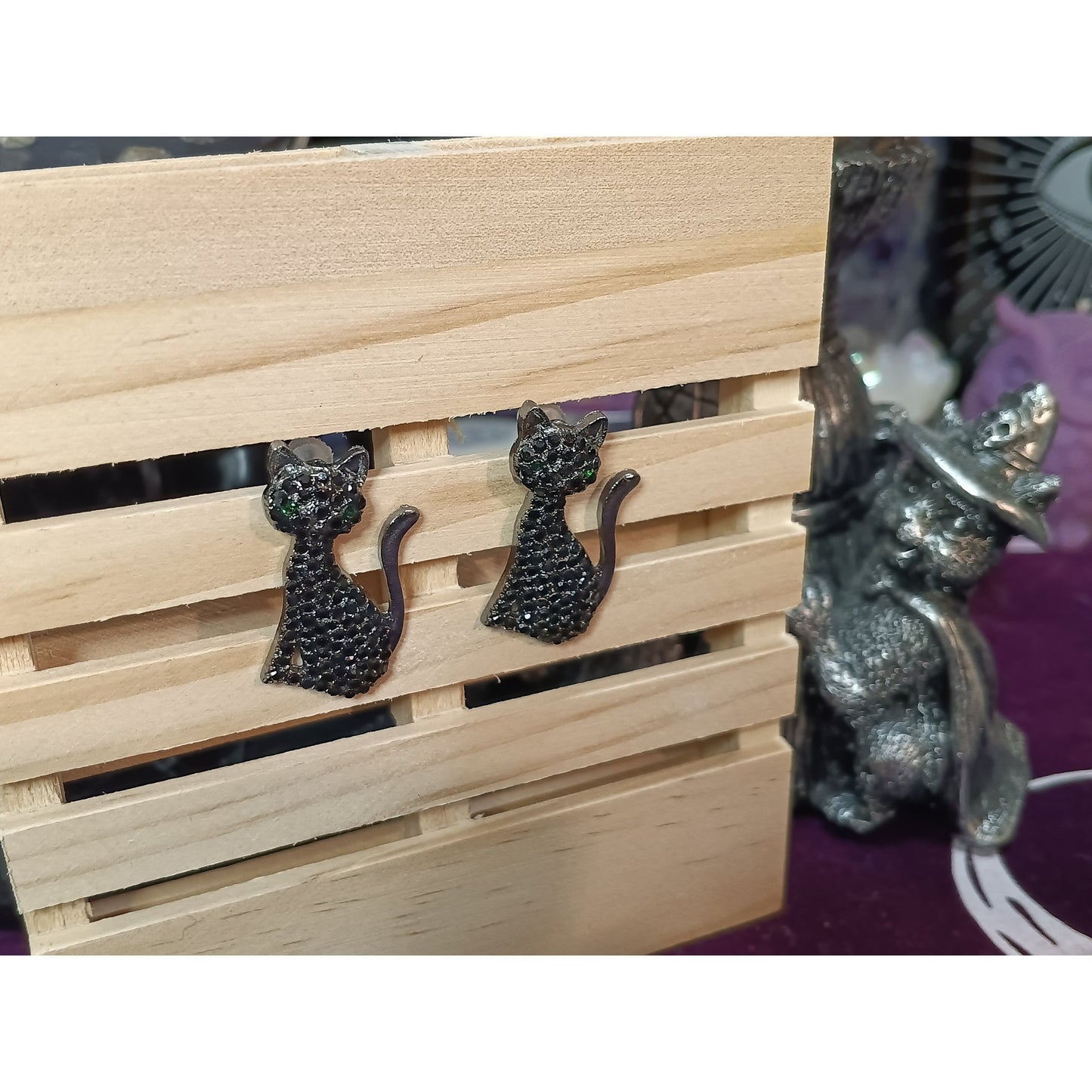 Studded Black Cat Earrings – Green Gem Eyes, Post Back