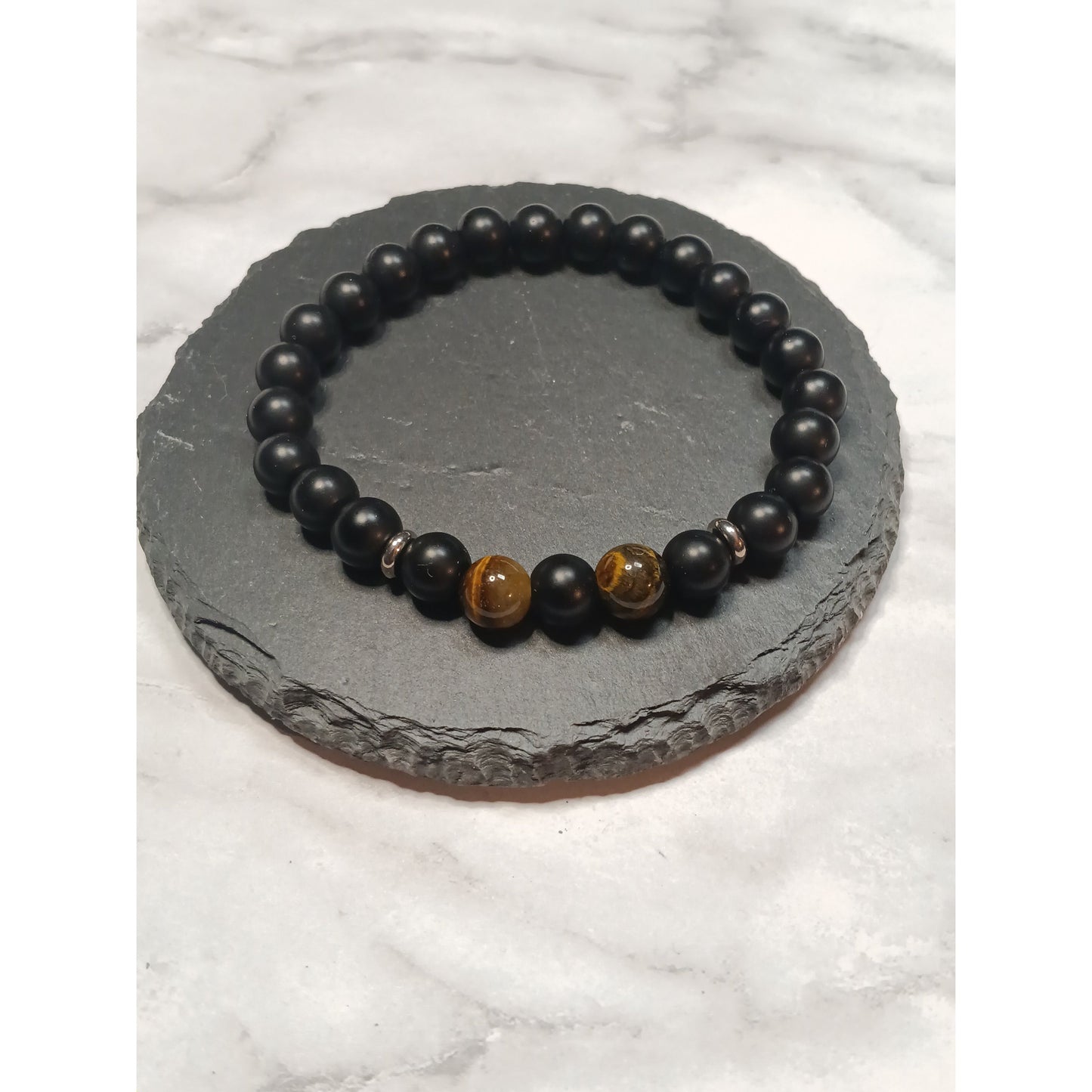 Tiger Eye & Black Bead Stretch Bracelet – 1 or 2 Tiger Eye Beads