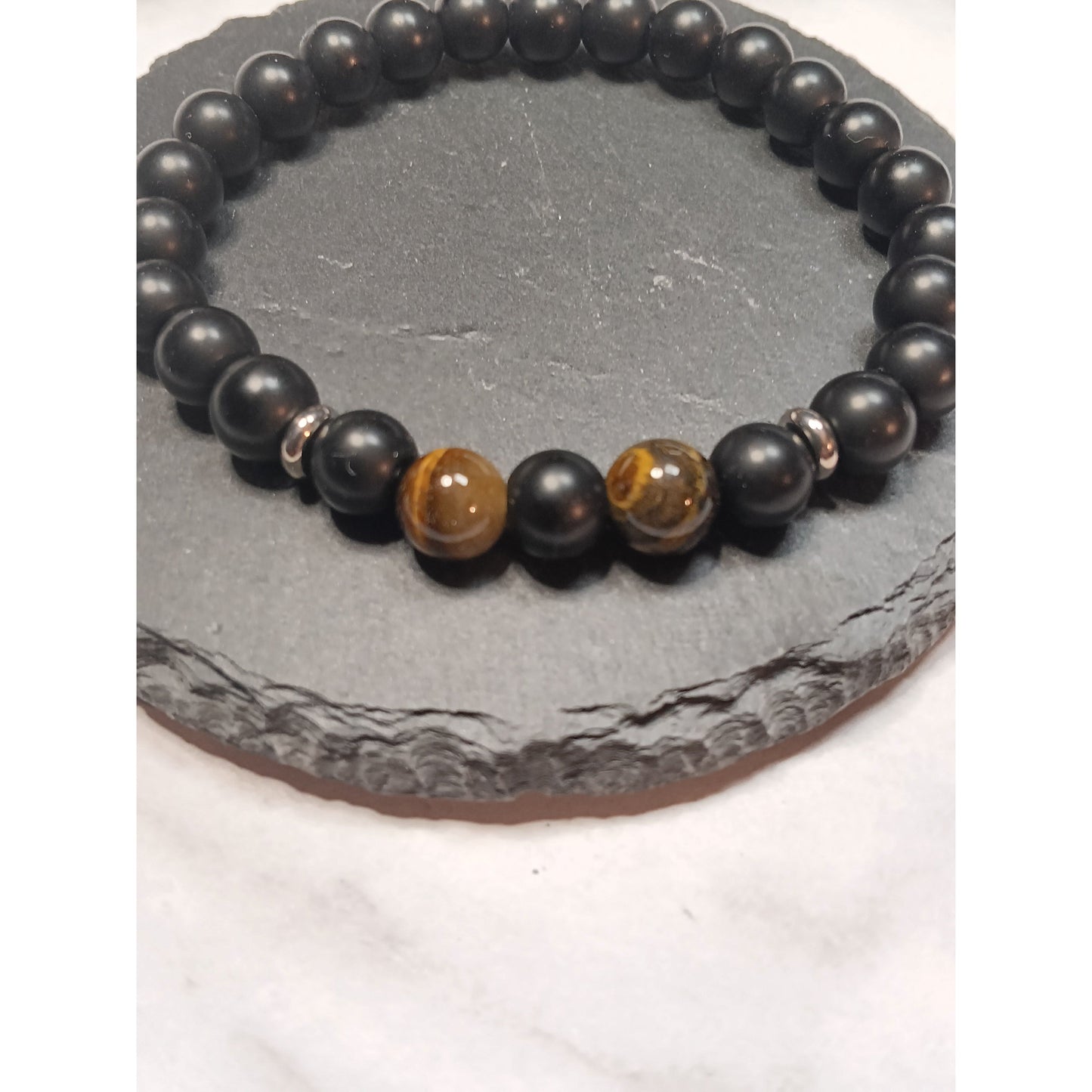Tiger Eye & Black Bead Stretch Bracelet – 1 or 2 Tiger Eye Beads
