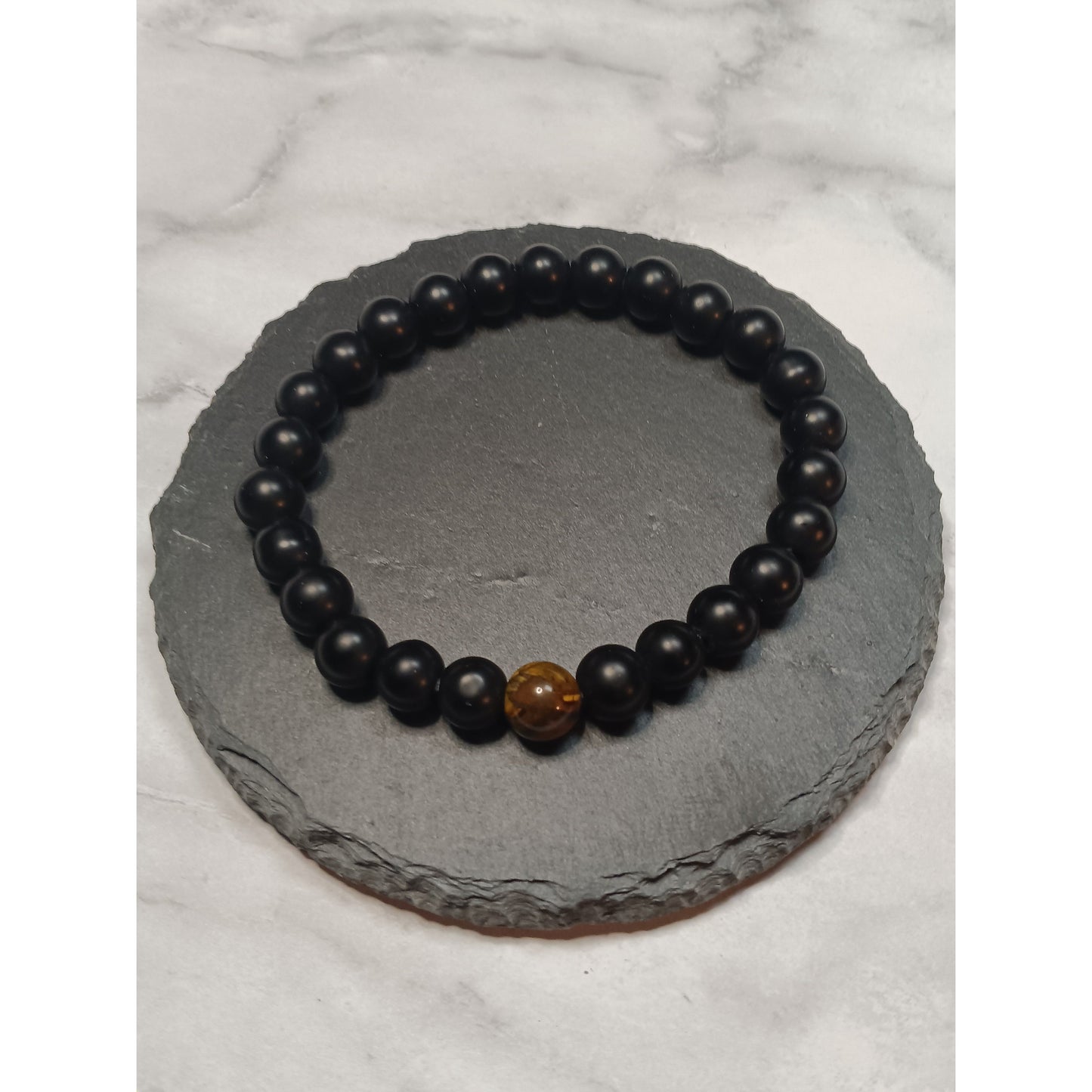 Tiger Eye & Black Bead Stretch Bracelet – 1 or 2 Tiger Eye Beads