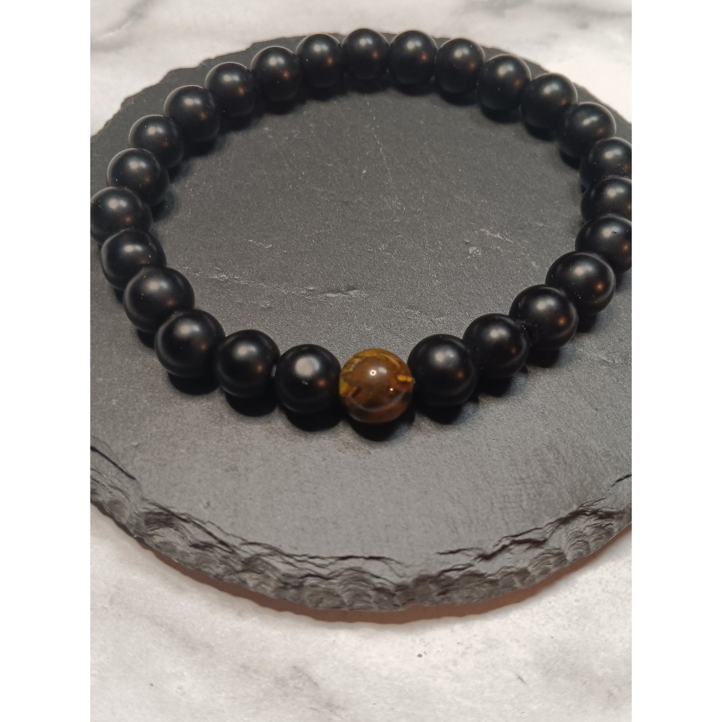 Tiger Eye & Black Bead Stretch Bracelet – 1 or 2 Tiger Eye Beads