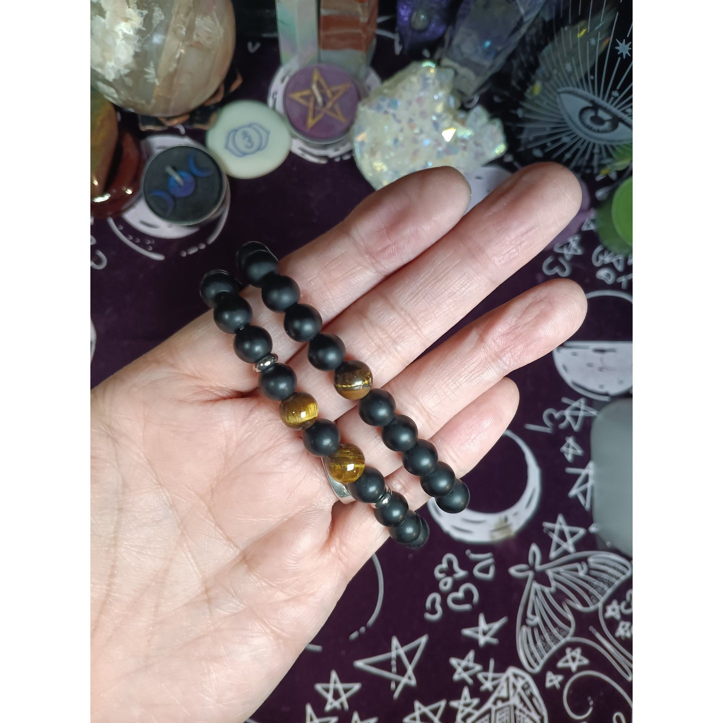 Tiger Eye & Black Bead Stretch Bracelet – 1 or 2 Tiger Eye Beads
