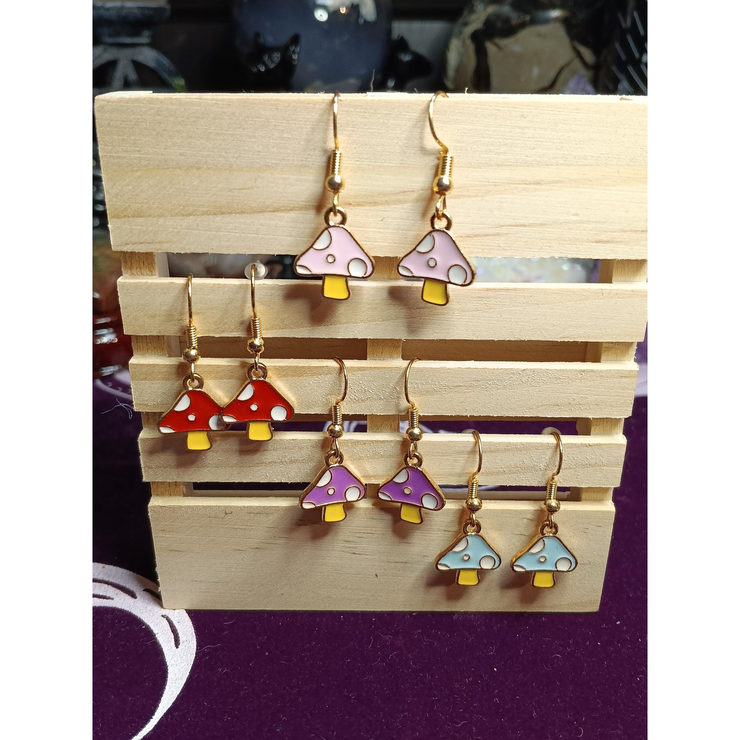 Whimsical Toadstool Mushroom Earrings – Enamel Dangle in Red, Pink, Lavender, Sky Blue