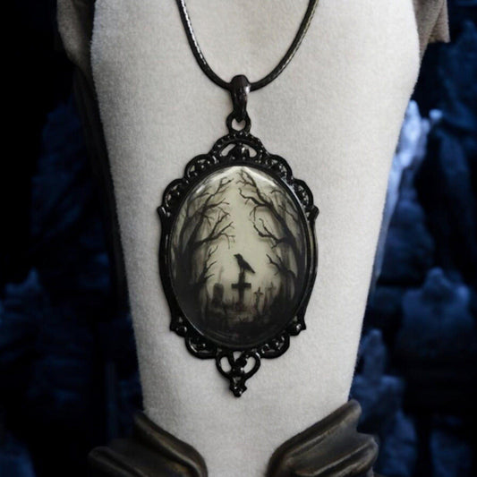 Raven Graveyard Gothic Pendant Necklace – Vintage Spooky Raven on Tombstone