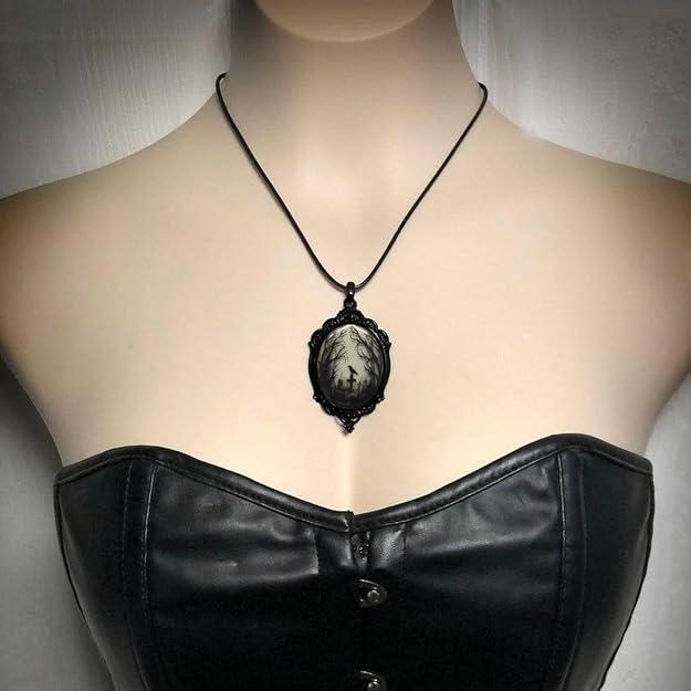 Raven Graveyard Gothic Pendant Necklace – Vintage Spooky Raven on Tombstone
