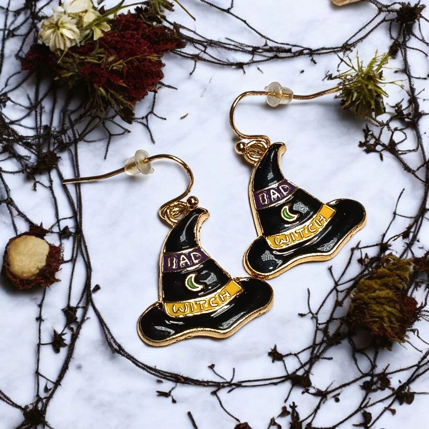 Good Witch / Bad Witch Hat Enamel Earrings – Cute Dangle Halloween Jewelry