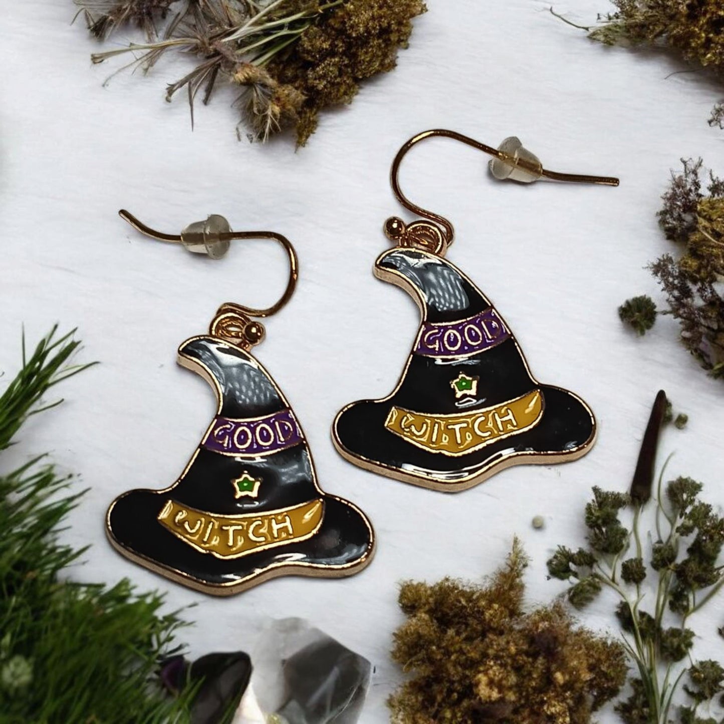 Good Witch / Bad Witch Hat Enamel Earrings – Cute Dangle Halloween Jewelry