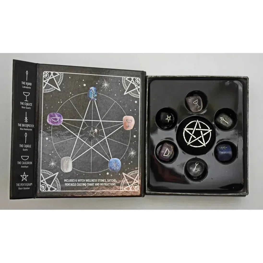 Witch Wellness Stones Kit – Divination Set with Crystal Casting Stones & Pentacle Chart